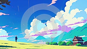 Countryside landscape in anime style. AI generated video