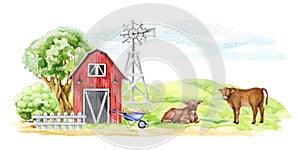 Countryside landscape with farm animals. Watercolor illustration. Green field, red barn, bushes, wind mill, tree cows