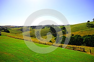 Countryside landscape with blue sky and mountains