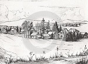 Countryside landscape, Hand drawn illustration sketch.