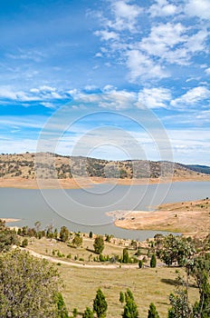 Countryside landscape of lake, dam reservoir