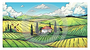 Countryside landscape. Organic farm field sketch with rural farmhouse, fields on hills and village. Vector label with