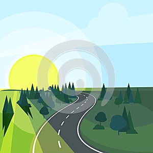 Countryside landscape with road going to rising sun