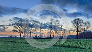 Countryside landscape with trees and a colorful sunset