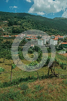 Countryside landscape with white houses next to hill