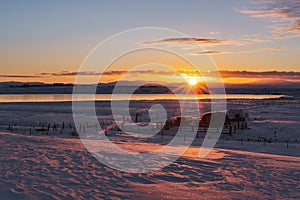 Countryside landscaped, sunrise at farmland in winter