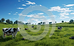 Countryside life poster. Herd of cows eating grass on glade, blue sky, green grass, white clouds. AI Generative