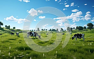 Countryside life poster. Herd of cows eating grass on the glade, blue sky, green grass, white clouds. AI Generative