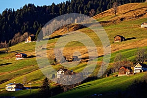 Countryside living in alpine foothills in autumnal sunset light