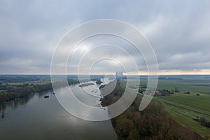 The countryside and the Loire in flood in Europe, in France, in the Center region, in the Loiret, towards Orleans, in Winter,