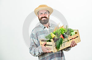 In the countryside. man chef with rich autumn crop. seasonal vitamin food. Useful fruit and vegetable. organic and