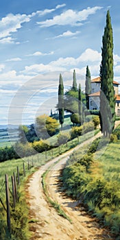 Countryside Path: A Detailed Cinquecento-inspired Painting Of Romanesque Architecture