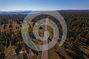 Countryside road along the Apache Sitgreaves National forest, aerial view