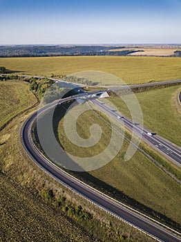 Countryside road and scenery aerial view. Summer Countryside Road and Agriculture land, path, landscape, above, farming, empty,