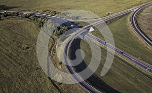 Countryside road and scenery aerial view. Summer Countryside Road and Agriculture land, path, landscape, above, farming, empty,