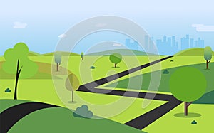 Countryside with road , trees , hills , sky and town background vector illustration.Main street to city