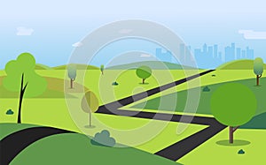 Countryside with road , trees , hills , sky and town background vector illustration.Main street to city photo