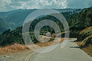 Countryside roadway passing through hilly landscape