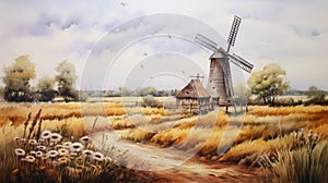 Countryside rural blue mill old background nature summer sky windmill landscape