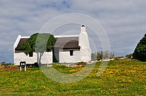 A countryside scene: a white farmhouse, a green lawn and yellow flowers