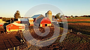 Countryside scenery at Fall season. Autumn colors. Harvest, harvesting time. Rural landscape. Aerial, view from above of the Farm