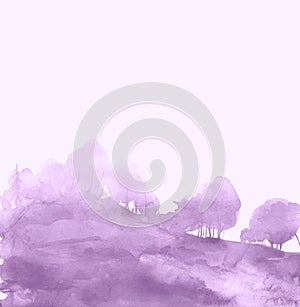 Countryside summer watercolor landscape.pink, purple  trees, bushes on a hill, in a field, in a meadow. Ecological poster with pla