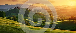 Countryside sunset in green hills of spring fields with old castle farm and mountains on background of evening landscape.