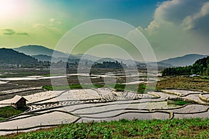 Countryside tarnish framing rice field with small resting huts and mountain background at morning