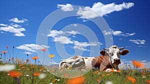 Countryside tranquility cow grazing on green field amidst vibrant wildflowers and clear blue sky