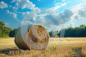 Countryside tranquility Hay bale in a field under the sky