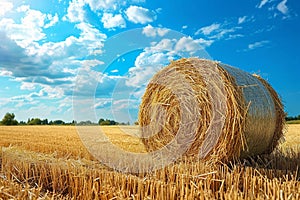 Countryside tranquility Hay bale in a field under the sky