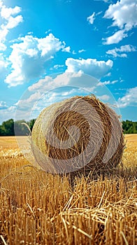 Countryside tranquility Hay bale in a field under the sky