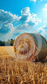 Countryside tranquility Hay bale in a field under the sky