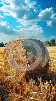 Countryside tranquility Hay bale in a field under the sky