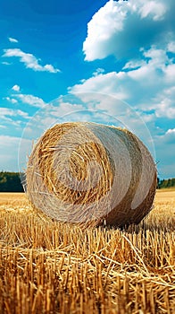 Countryside tranquility Hay bale in a field under the sky