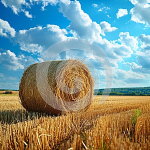 Countryside tranquility Hay bale in a field under the sky