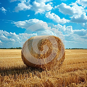 Countryside tranquility Hay bale in a field under the sky