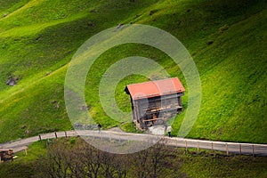 Countryside Valley View of Swiss Alps With Cottage Livestock at Zermatt City, Switzerland. Rural Scenic and Amazing Nature Green