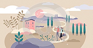 Countryside vector illustration. Flat tiny rural ranch area persons concept