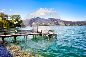 Countryside view on Attersee lake im Salzkammergut alps mountains by in Weissenbach, Zell am Attersee. Upper Austria, nearby