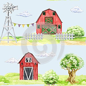 Countryside village elements seamless pattern. Watercolor illustration. Hand drawn red barn, windmill, white fence, oak