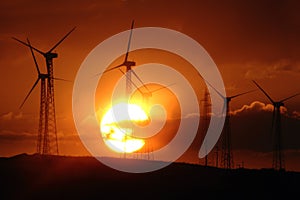 countryside with wind turbines and the setting sun