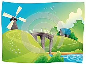 Countryside with windmill.