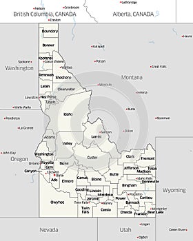 County map of the state of Idaho and surrounding area