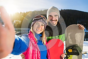 Coupe Ski And Snowboard Resort Taking Selfie Photo Winter Snow Mountain Man Woman