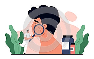 Couperose concept. Dermatologist doctor holding magnifying glass and examining rosacea on man face