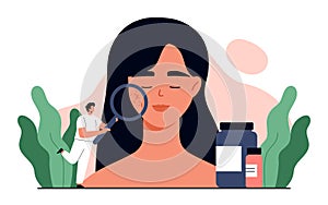 Couperose concept. Dermatologist doctor holding magnifying glass and examining rosacea on woman face photo