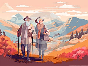 couple active old walking senior hiking trekking happy grandfather elderly. Generative AI.