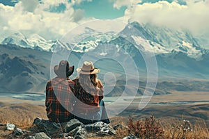 Couple admiring mountainous landscape together