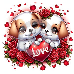 A couple adorable baby dog with a heart of love, surrounded by the rose, cute face, love sign, romance athmisphere, cartoon